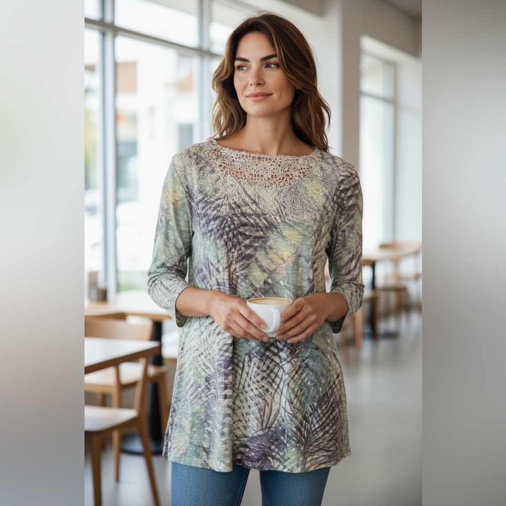 Northern Reflections Blue and Green Patterned Blouse-Bling on Front-Size Medium